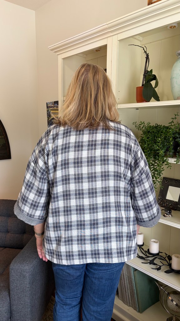 the author wearing the completed jacket showing the back view