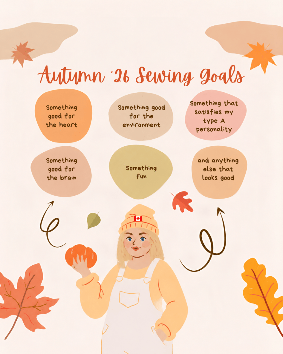 A cartoon image of a woman with six word bubbles above her head, each describing one of her sewing goals.